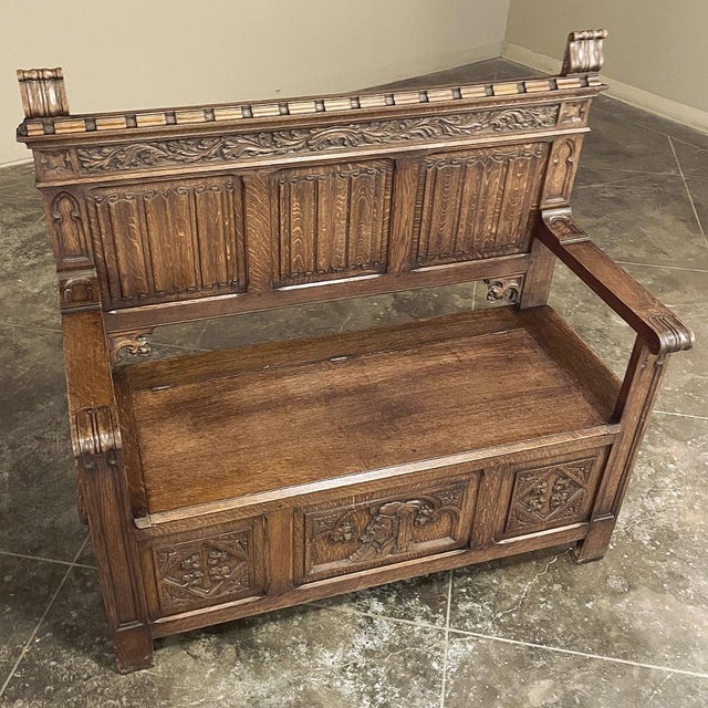Antique Gothic Revival Carved Hall Bench For Sale In Baton Rouge - Image 6 of 18