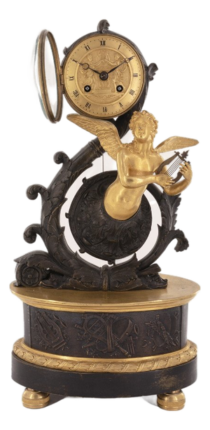 French Musical-Themed Pendulum Clock in Gilded and Patinated Bronze, 1890s