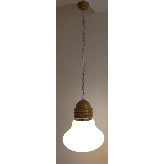 1970s Vintage Ceiling Lamp in White Opaque Glass & Mustard-Colored Metal Assembly, 1970s For Sale - Image 5 of 7