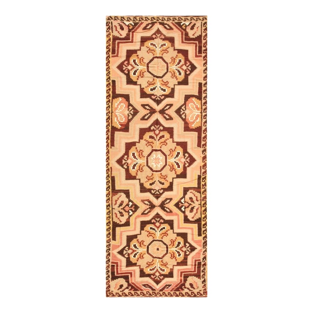1920s Brown Medallion Antique Besserabian Flat-Weave Rug 5'2" X 13'7" Wool Carpet For Sale
