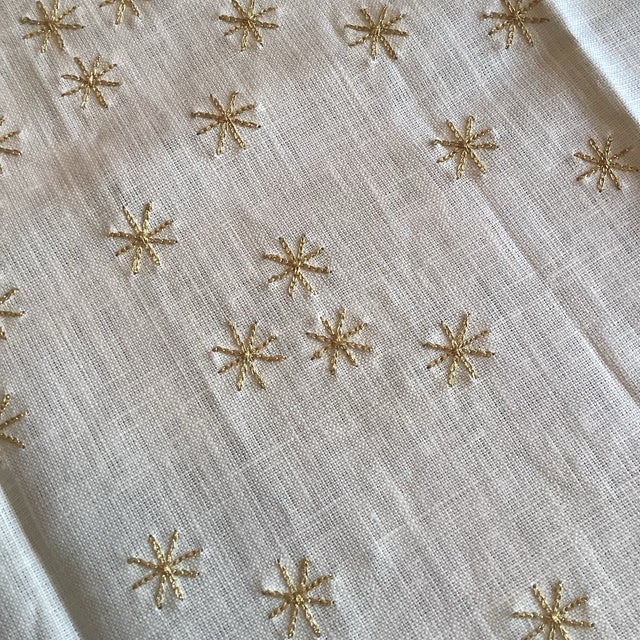 Brand new Bergdorf Goodman linen rectangular tablecloth with scattered star flakes gold thread embroideries. Very...
