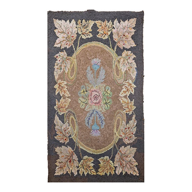 Vintage Hand-Hooked Rug, Floral Pattern, Wool & Cotton, American Folk Art, 3x4 For Sale