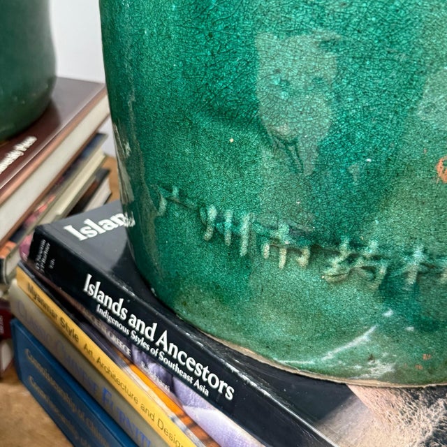 Round Green Glazed Storage Jars with Markings - Set of 3 For Sale - Image 11 of 11