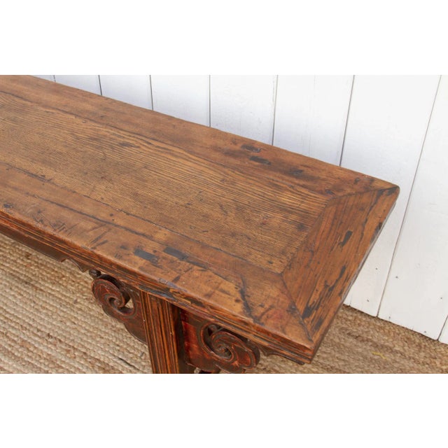 Wood 19th Century Scrolled Elm Bench For Sale - Image 7 of 10