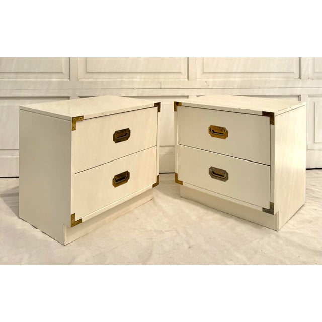 Mid-Century Modern 1970's Pair of White Campaign Nightstands For Sale - Image 3 of 12