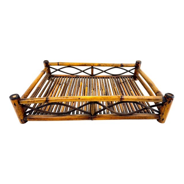 Vintage Mid Century Bamboo and Rattan Tray With Lattice Detail For Sale