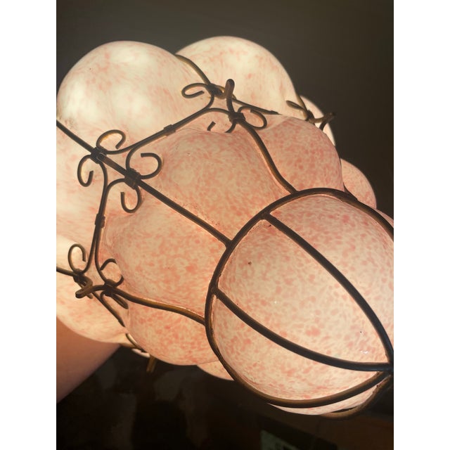 Pink Mid 20th Century Mid Century Modern Italian Mottled Pink Cased Glass Caged Pendant Light Lantern For Sale - Image 8 of 12