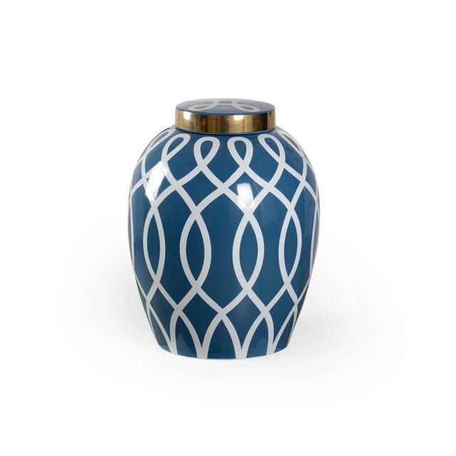 A Midsize Ginger Jar Featuring An Elongated Graceful Geometric Design In Metallic Satin Gold With A Coordinating Lid...