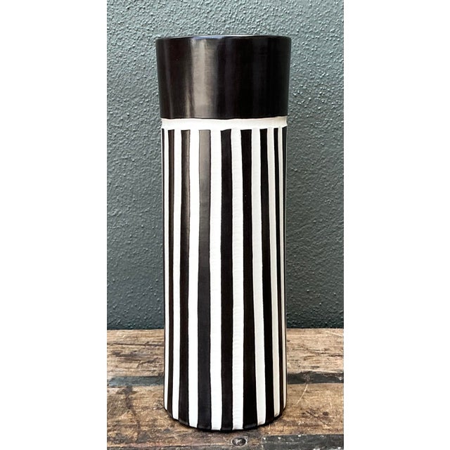Vintage Original Graphic Black and White Glazed Ceramic Vase For Sale - Image 4 of 12
