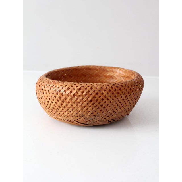 Brown Vintage Woven Bamboo Basket Bowl With Rounded Sides For Sale - Image 8 of 14