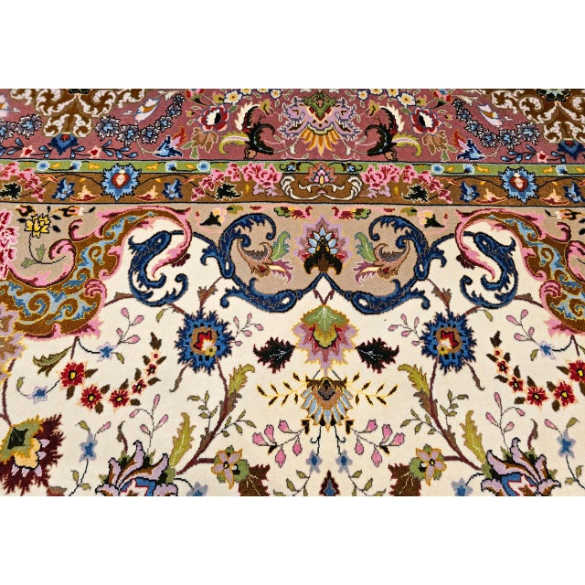 Vintage Persian Tabriz Square Area Rug, Hand-Knotted Wool & Silk, Fine Medallion Floral Pattern, Ivory & Pale Pink, 7x7 For Sale - Image 12 of 16