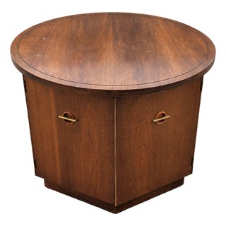 1970s Round Walnut Cabinet End Table With Storage For Sale