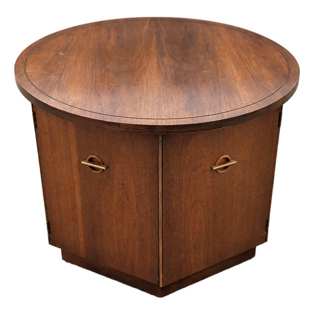1970s Round Walnut Cabinet End Table With Storage For Sale