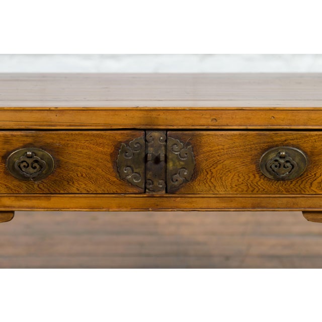 Chinese Late Qing Dynasty Elm Desk with Two Drawers and Ornate Brass Hardware For Sale - Image 10 of 12