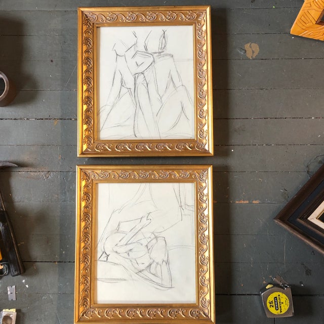 1970s 1970’s Original Abstract Charcoal Study Drawings Ornate Frames- a Pair For Sale - Image 5 of 5