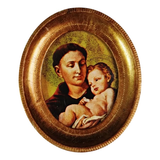 Holy Image of Saint Anthony Holding the Infant Jesus in a Gilded Frame, 1950s For Sale