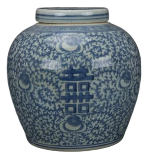 Vintage Chinese Blue and White Porcelain Double Happiness Lidded Jar Scrolling Floral Chinoiserie Decor