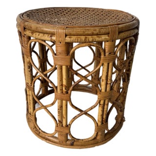 Vintage Boho Chic Tortoise Shell Finish Bamboo Cane Top Drum Side Table For Sale