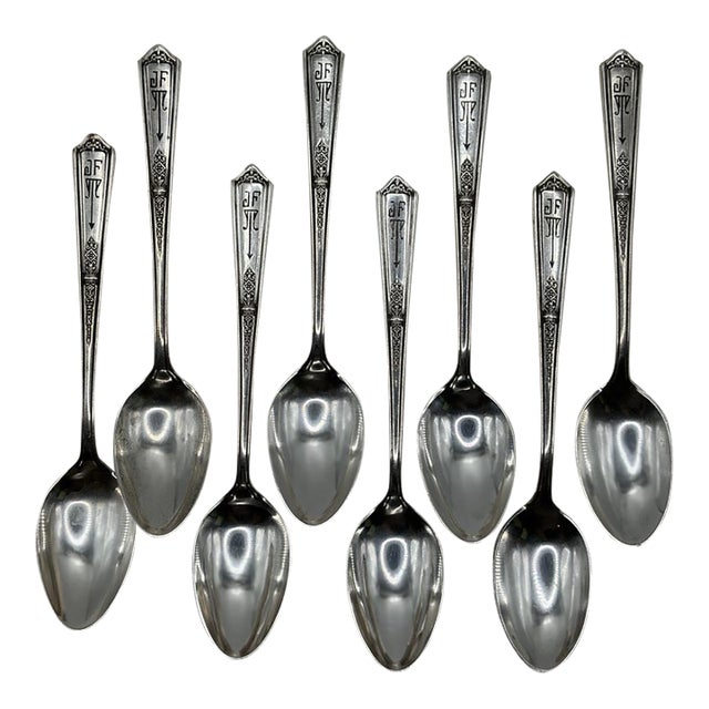 1920s Art Deco Sterling Monogrammed 4 Inch Spoons by Towle Silversmiths - Set of 8 For Sale