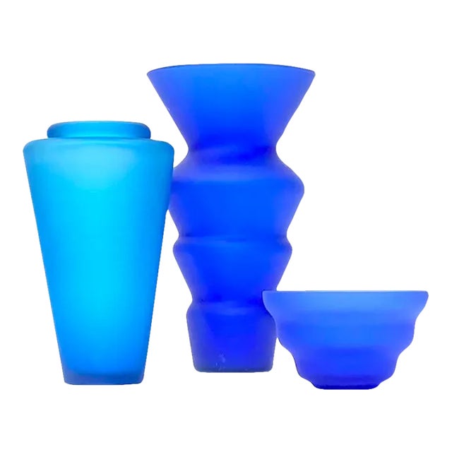 1980s Postmodern Frosted Blue Vessels - Set of 3 For Sale