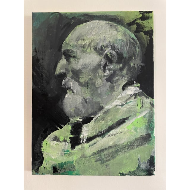 This portrait of a philosopher’s profile puts the viewer in the realm of slow and contemplative thought. This 9x12 acrylic...