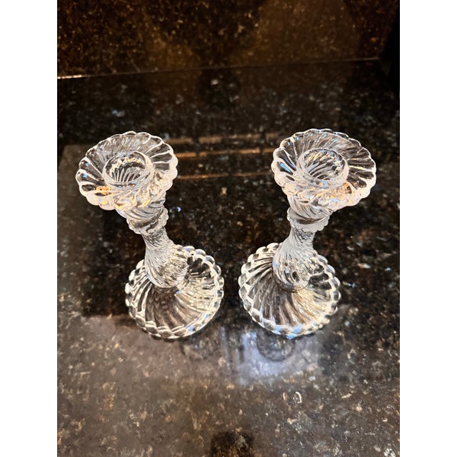 Elevate your tablescape or mantel with this exceptional pair of antique "Bambous Tors" (Bamboo Swirl) crystal...