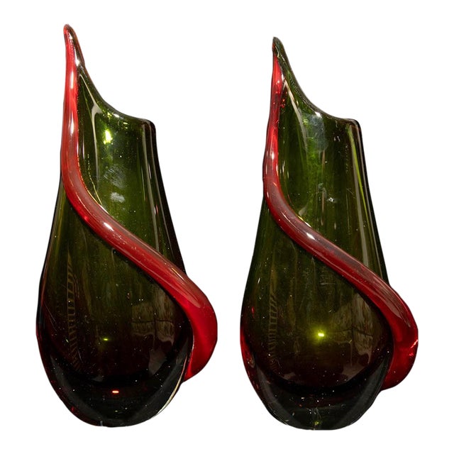 Pair of Murano Sommerso Glass Vases With Applied Red Serpentine For Sale