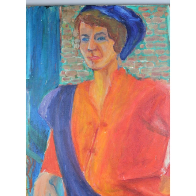 1970s Vintage Oil Painting Portrait of Tall Fashionable Woman - Unsigned For Sale - Image 5 of 10