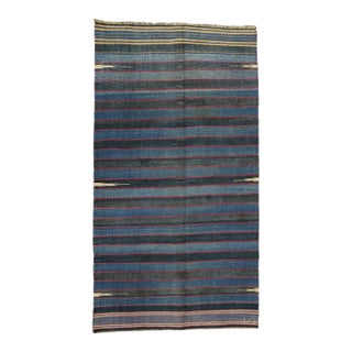Vintage Dhurrie Runner Rug in Blue Stripes With Red Accents | Rug & Kilim For Sale
