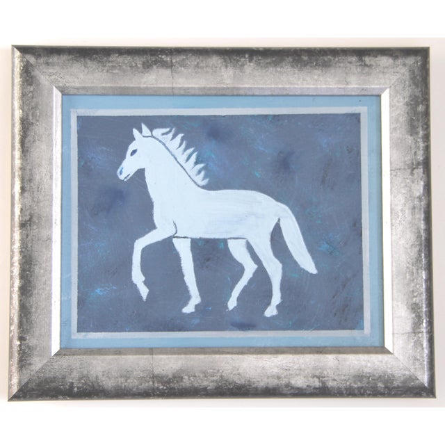 An elegant horse silhouette in shades of dark blue, pale blue, gray blue and gray border. Minimalism, Contemporary, Folk...