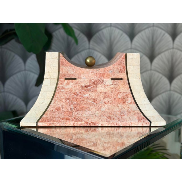 Vintage Mid-Century Modern Postmodern Tessellated Marble and Brass Jewelry Trinket Box With Wood Interior Attributed to Maitland-Smith For Sale - Image 11 of 12
