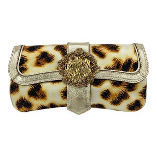 Vintage Roberto Cavalli Leopard Print Silk Sunflower Clutch Baguette For Sale