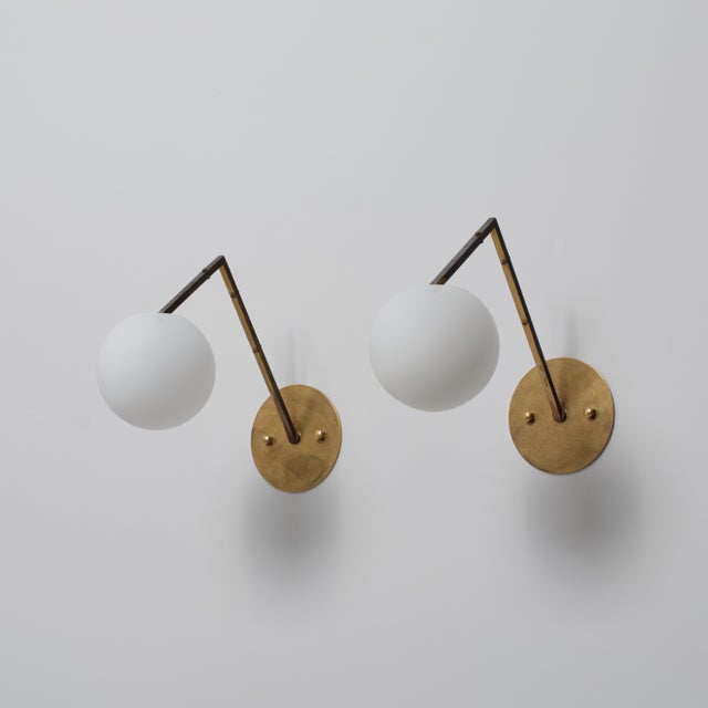 Vintage Italian Geometric Brass and Opaline Globe Wall Sconces, 1950s, Set of 2 For Sale - Image 14 of 14