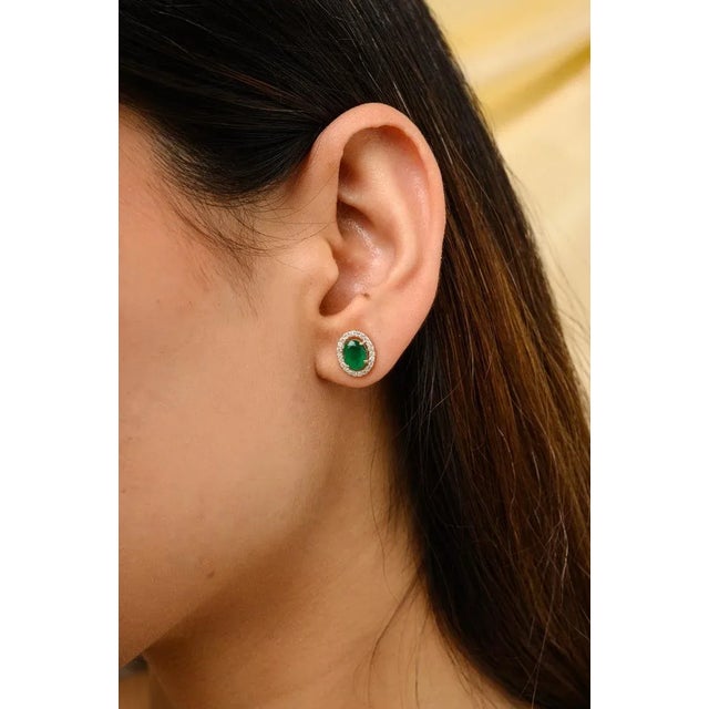 Art Deco 14k Gold Oval Emerald Halo Diamond Stud Earrings- 2 Pieces For Sale - Image 3 of 7