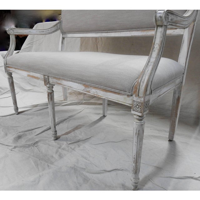 1990s Vintage Painted Louis XVI Style Distressed Painted Hall Bench Settee For Sale - Image 9 of 11