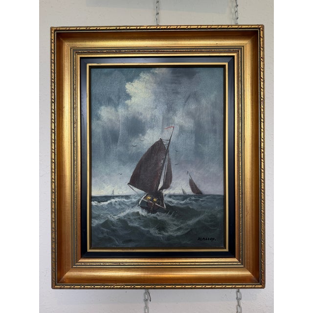 Paint Vintage Signed Oil Painting Stormy Sea Fishing Boats Maritime Seascape Framed For Sale - Image 7 of 10