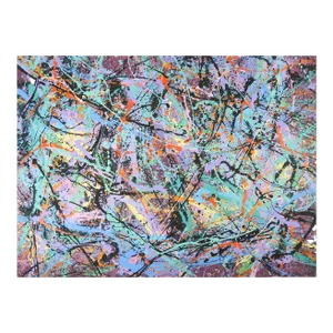 Abstract Expressionist Painting on Paper in Lavender & Turquoise Style of Jackson Pollock
