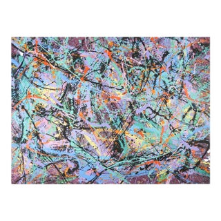 Large Abstract Expressionist Drip Painting Turquoise Lavender Splatter Art in the Style of Jackson Pollock For Sale