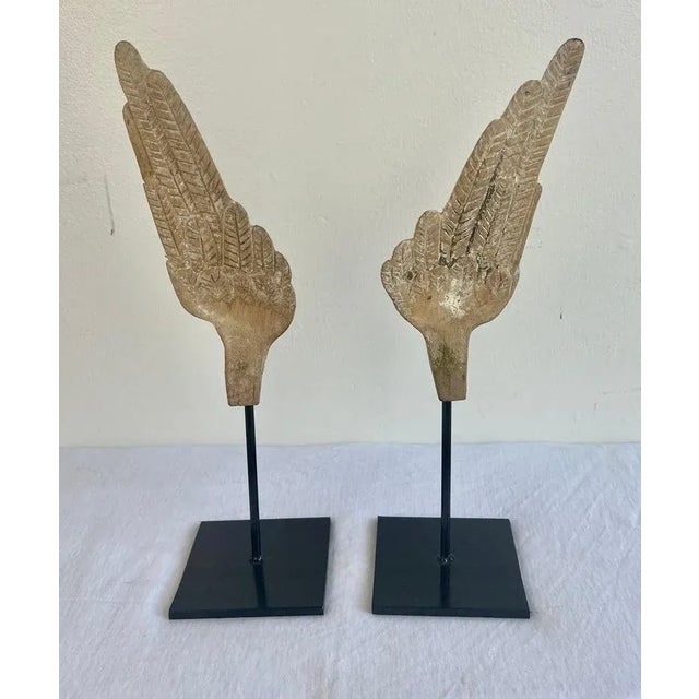 Distressed Neoclassical Wood Carved Wings on Iron Bases, Italy, 1900s For Sale - Image 4 of 8