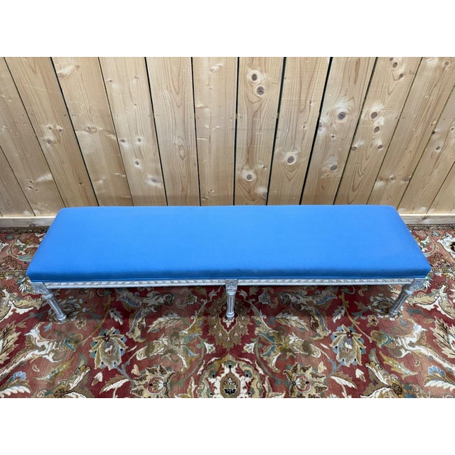 Louis XVI Kitchen Bench in Wood with Blue Fabric For Sale - Image 3 of 8