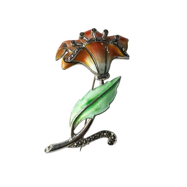 Vintage Sterling Silver Enamel Marcasite Flower Brooch For Sale In New York - Image 6 of 6