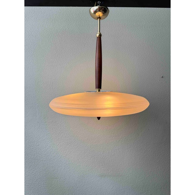 Metal Pendant Lamp in Brass and Teak with Frosted Glass, Italy, 1980s For Sale - Image 7 of 18