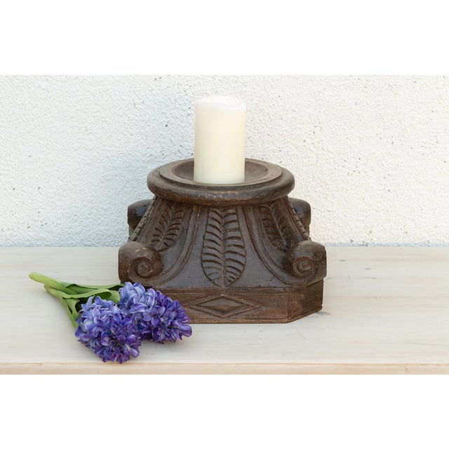 Indian Carved & Painted Teak Candle Holder For Sale - Image 3 of 6