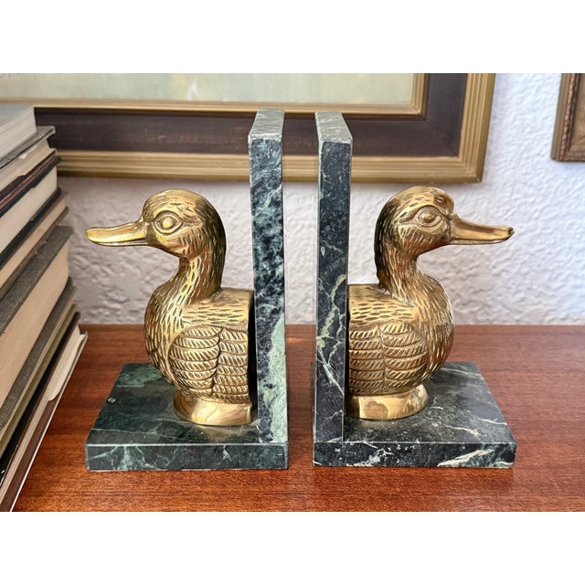 Late 20th Century Solid Brass Duck Bookends on Marble For Sale - Image 10 of 10