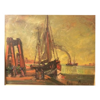 Arthur Alexander Bante, Bayonne Harbor Fishing Boat/Steamer, 1924, Oil Painting on Canvas For Sale
