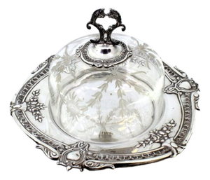 Embossed Silver Cheese Dish with Cutouts and Acid-Etched Glass Bell with Cut-Out Knob