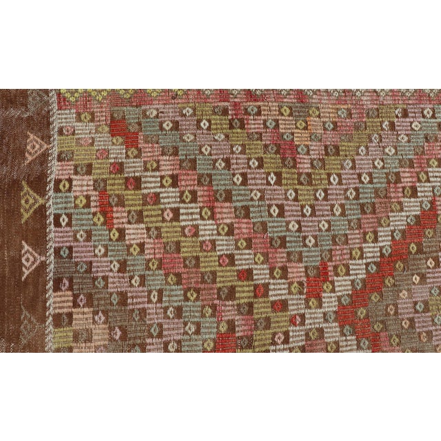 Large Vintage Turkish Kilim Rug With Coral, Gold, Sage Diamond Pattern For Sale - Image 10 of 14