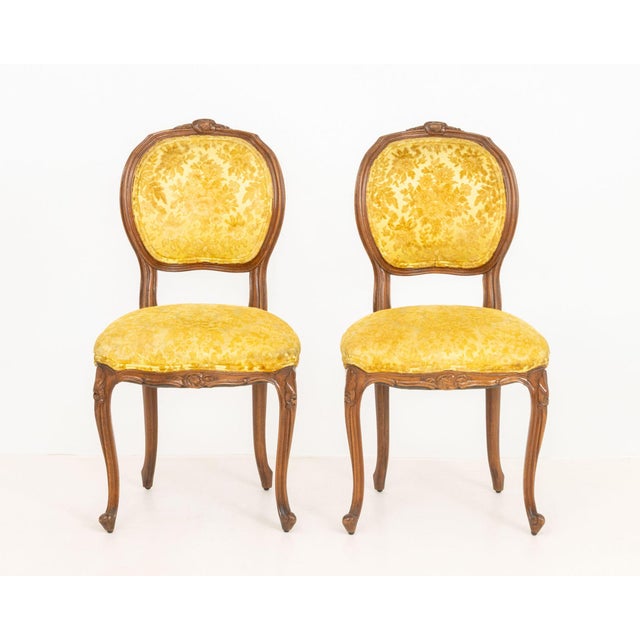 Wood Louis XV Style Yellow Satin Walnut Chairs, Pair For Sale - Image 7 of 9