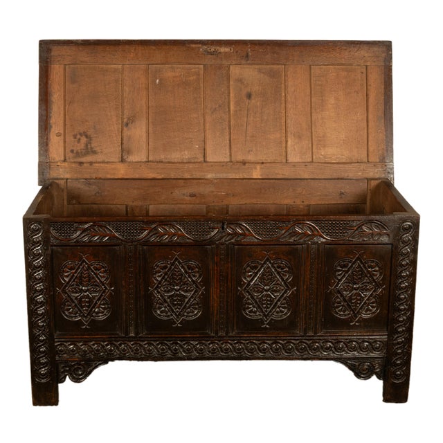 Wood Antique 17th Century Jacobean Charles II Dark Oak Carved Coffer Chest 1680 For Sale - Image 7 of 16