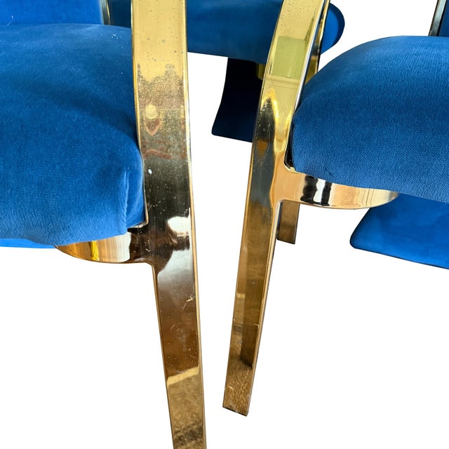 1980s Carson’s of High Point Blue Velvet & Brass Dining Chairs, Set of Four For Sale - Image 12 of 16